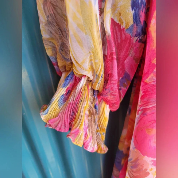 Vintage Pink Floral Chiffon Dress  Long Sleeves Long Small 70s Mrs, Roper - Picture 5 of 12